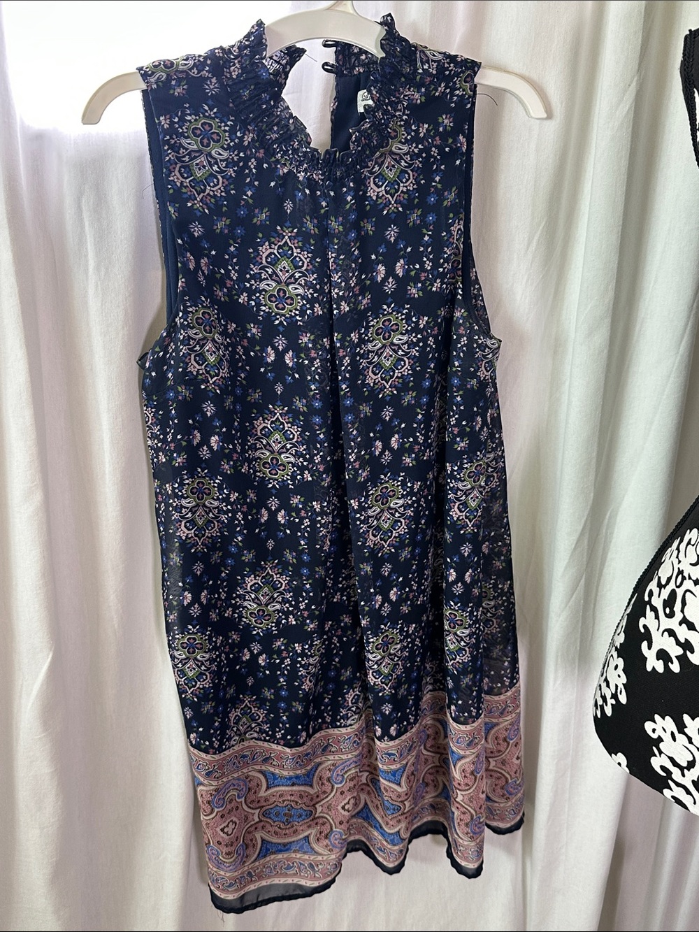 Navy Floral Sleeveless Ruffle-Neck Dress